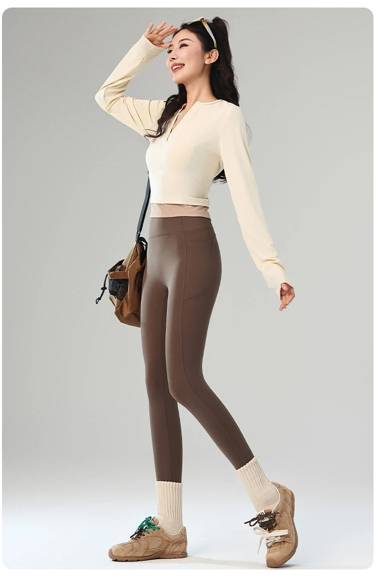 BIVIGAOS Autumn Winter Fleece Pocket Sharkskin Leggings Women High Waist Tight-Fit Velvet Thickened Warm Sports Running Leggings