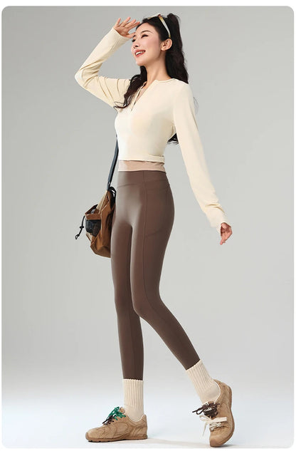 BIVIGAOS Autumn Winter Fleece Pocket Sharkskin Leggings Women High Waist Tight-Fit Velvet Thickened Warm Sports Running Leggings