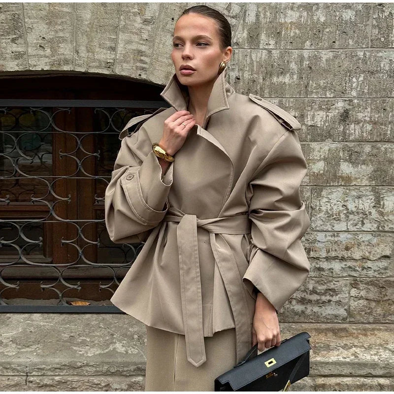 Solid Belted Oversized Windbreaker Women's Fashion Full Sleeve Button Loose Long Coat 2025 Office Lady Daily Commute Overcoats