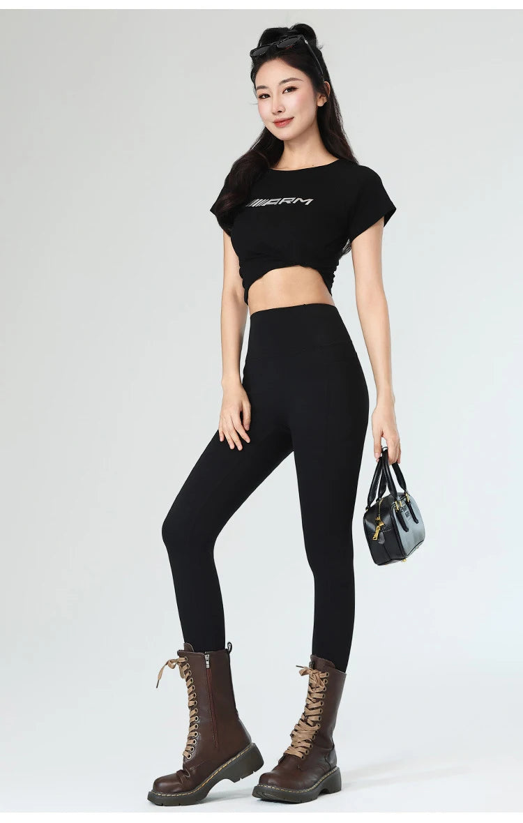 BIVIGAOS Autumn Winter Fleece Pocket Sharkskin Leggings Women High Waist Tight-Fit Velvet Thickened Warm Sports Running Leggings