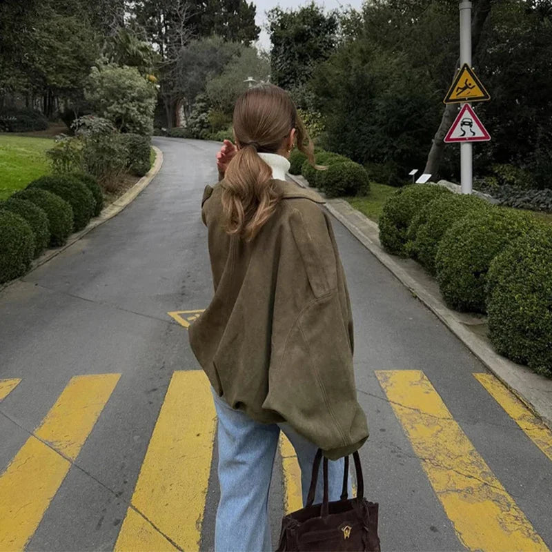 Solid Suede Zipper Short Jacket Women's Retro Full Sleeve Lapel Collar Pocket Elastic Waist Loose Overcoat Lady High Streetwear