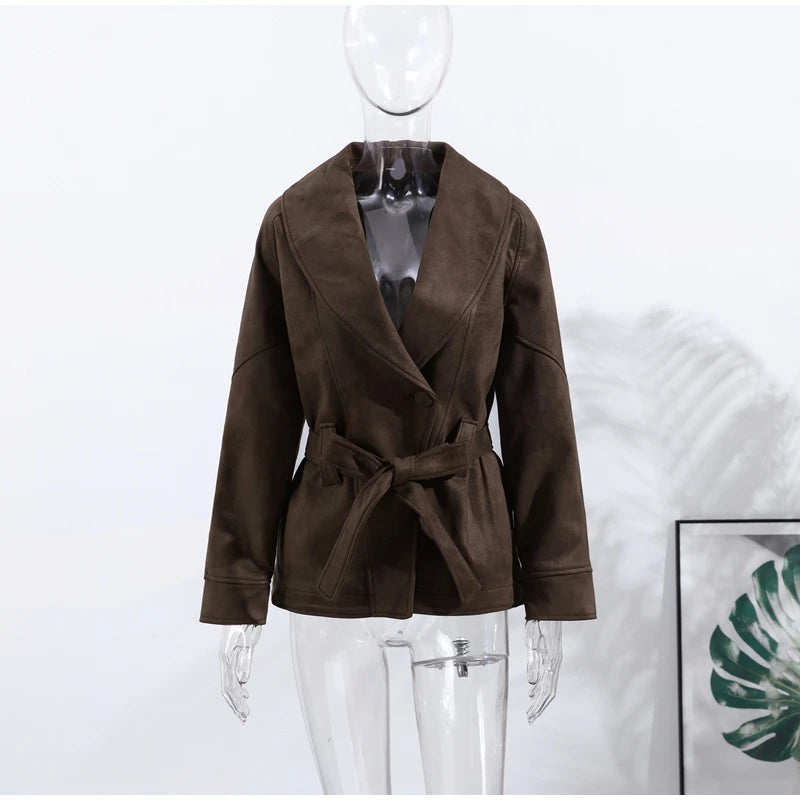 2025 Autumn New Belt Suede Jackets Women Lapel Long Sleeve One Button Lace Up Jacket Vintage Brown Loose Lady Outerwears Street