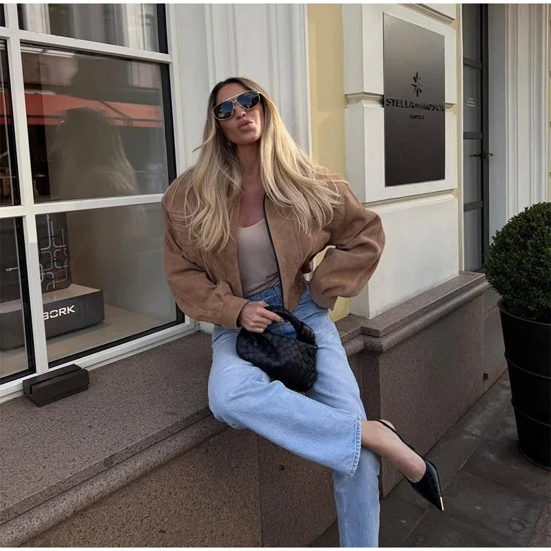 Solid Suede Zipper Short Jacket Women's Retro Full Sleeve Lapel Collar Pocket Elastic Waist Loose Overcoat Lady High Streetwear