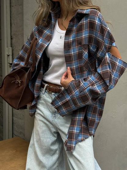 Fashion Checkered Pattern Shirts Women Elegant Lapel Long Sleeve Single Breasted Pocket Loose Top 2025 Daily Street Outerwear