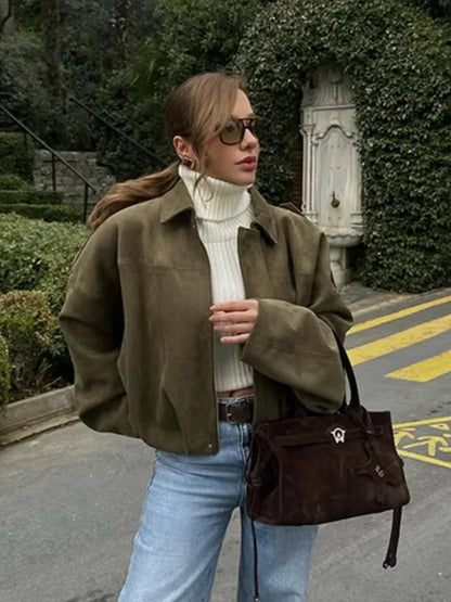 Solid Suede Zipper Short Jacket Women's Retro Full Sleeve Lapel Collar Pocket Elastic Waist Loose Overcoat Lady High Streetwear