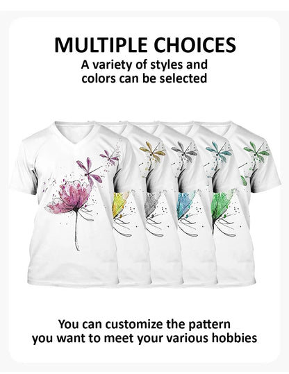 Set of white t-shirts with colorful floral designs on a white background