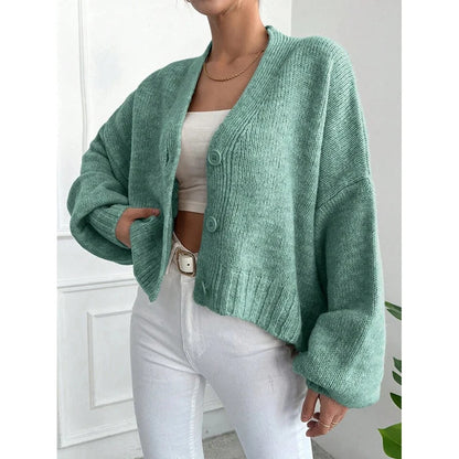 Knitted Cardigan Women's 2025 Autumn And Winter New Item Casual Loose V-neck Lantern Sleeves Knitted Sweater Women