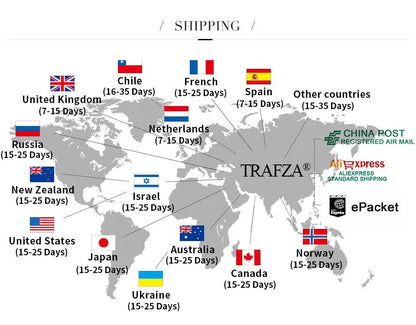 World map with shipping timeframes and Trafza branding