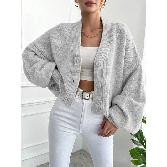 Knitted Cardigan Women's 2025 Autumn And Winter New Item Casual Loose V-neck Lantern Sleeves Knitted Sweater Women
