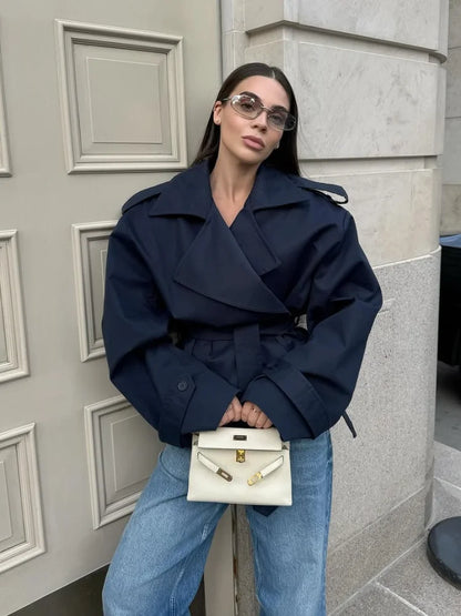 Solid Belted Oversized Windbreaker Women's Fashion Full Sleeve Button Loose Long Coat 2025 Office Lady Daily Commute Overcoats