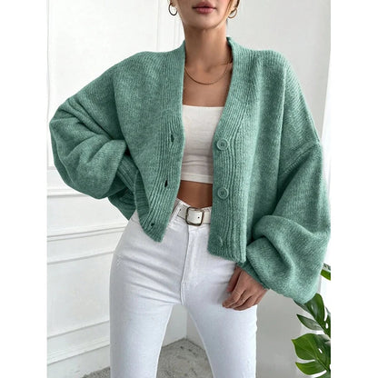 Knitted Cardigan Women's 2025 Autumn And Winter New Item Casual Loose V-neck Lantern Sleeves Knitted Sweater Women