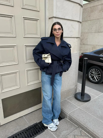 Solid Belted Oversized Windbreaker Women's Fashion Full Sleeve Button Loose Long Coat 2025 Office Lady Daily Commute Overcoats