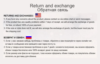 Text detailing return and exchange policies on a white background with American and Russian flags.