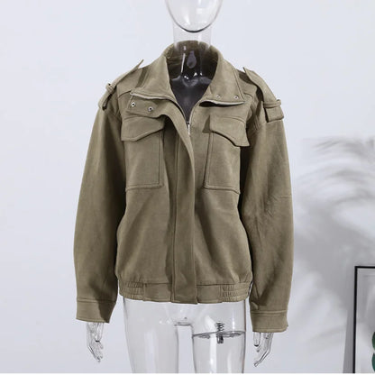 Fashion Suede Solid Coats Women Stand Neck Full Sleeve Zipper Pocket Jackets 2025 Autumn Winter New Female Moto Style Outerwear