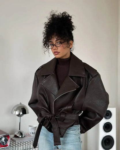 Casual Dark Red  Zipper Leather Short Jackets Women Long Sleeve Lace Up Lapel Loose Button Coat Lady Daily High Street Wear 2025