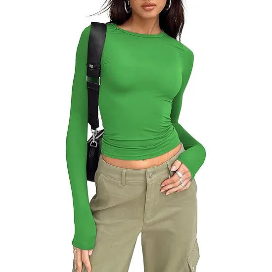 1pcs Four Seasons Fashion Senior Women T-shirt Long Sleeve Crew Neck Solid Slim Fit Tee Ladies Crop Top  Daily Streetwear Camis