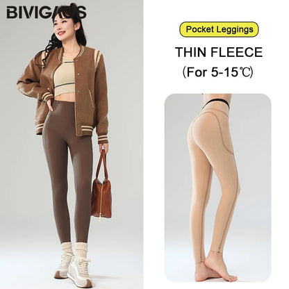BIVIGAOS Autumn Winter Fleece Pocket Sharkskin Leggings Women High Waist Tight-Fit Velvet Thickened Warm Sports Running Leggings