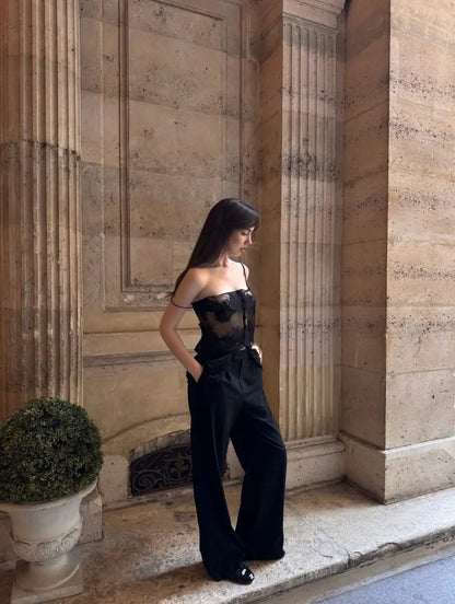 Lady Lace Patchwork Sling Top Sexy Sleeveless Off-shoulder Single Breasted See Through Blouse Women Chic Vacation Party Tops