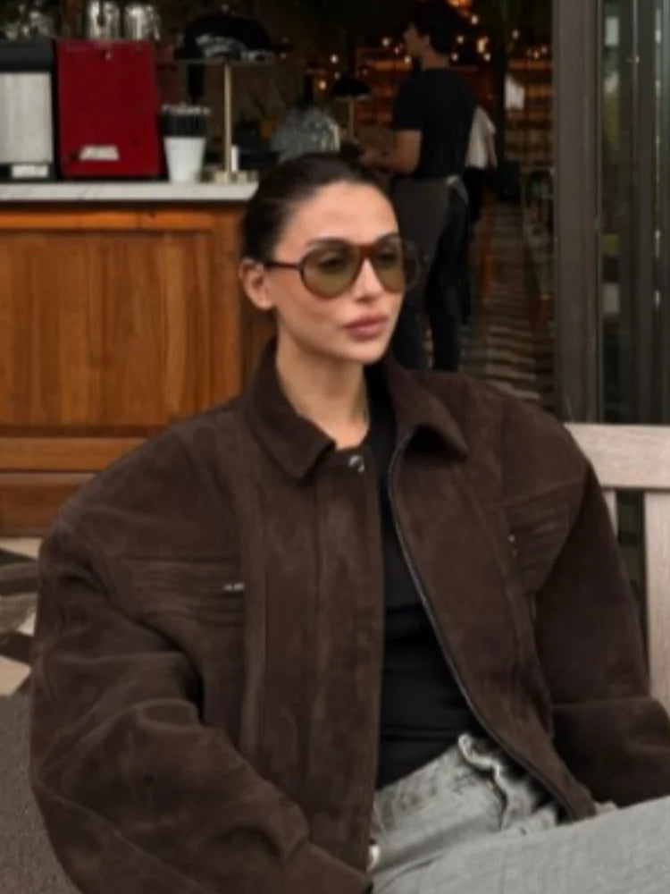 Solid Suede Zipper Short Jacket Women's Retro Full Sleeve Lapel Collar Pocket Elastic Waist Loose Overcoat Lady High Streetwear