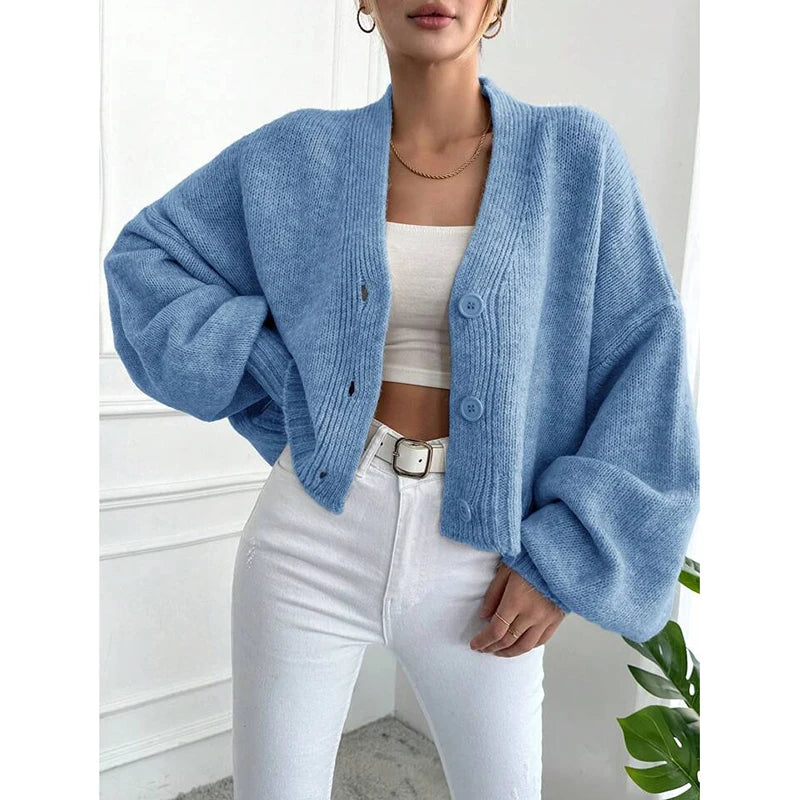 Knitted Cardigan Women's 2025 Autumn And Winter New Item Casual Loose V-neck Lantern Sleeves Knitted Sweater Women