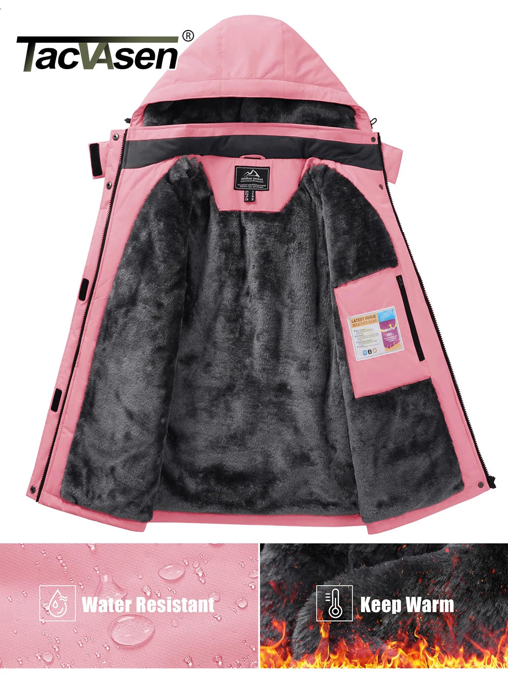 TACVASEN Womens Winter Thermal Jackets Warm Fleece Lined Waterproof Jacktes Snow Ski Hood Coat Mountain Snowboarding Windbreaker