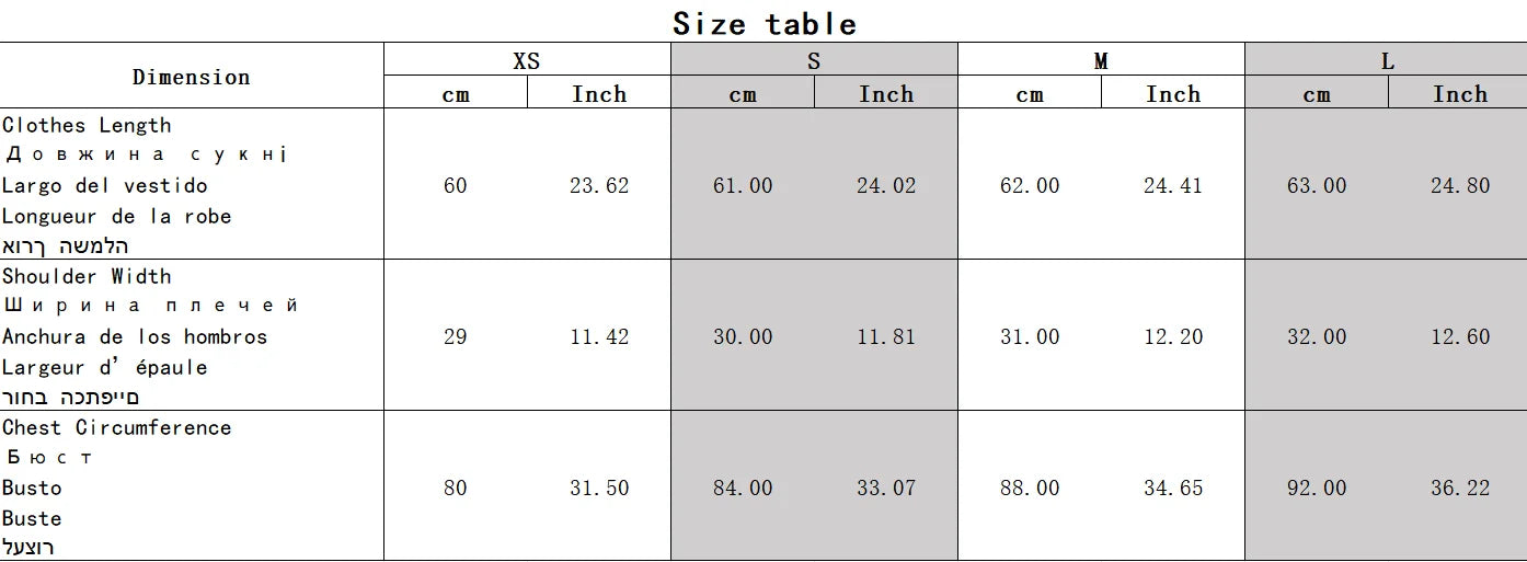Size chart for clothing measurements in centimeters and inches