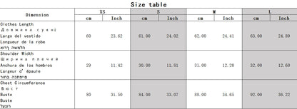 Size chart for clothing measurements in centimeters and inches