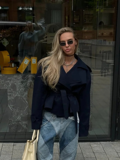 Solid Belted Oversized Windbreaker Women's Fashion Full Sleeve Button Loose Long Coat 2025 Office Lady Daily Commute Overcoats