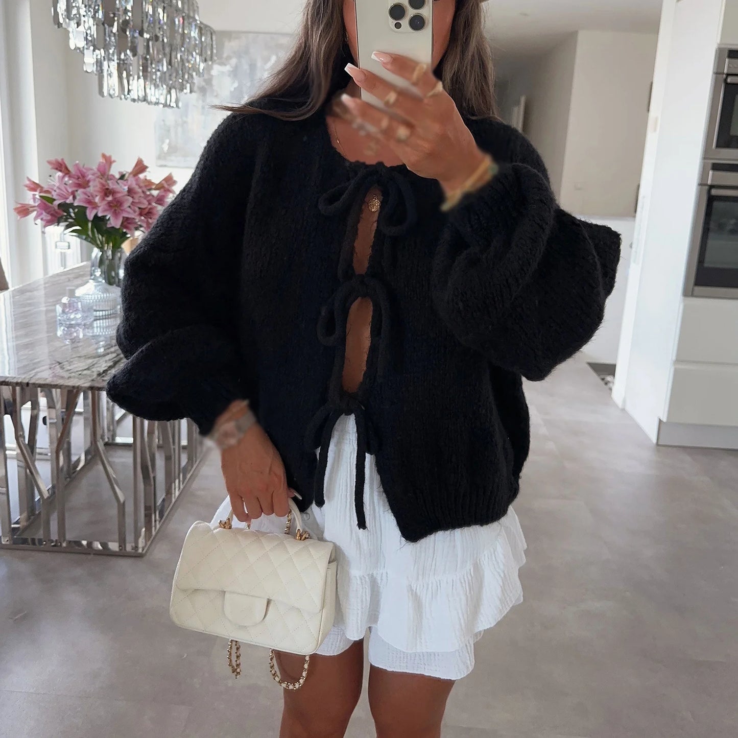 Knitwear Lace-Up Hollow Out Cardigan Top Women's Patchwork Fashion Autumn High Street Clothes Knit Y2k Bandage Cardigan