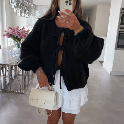 Knitwear Lace-Up Hollow Out Cardigan Top Women's Patchwork Fashion Autumn High Street Clothes Knit Y2k Bandage Cardigan