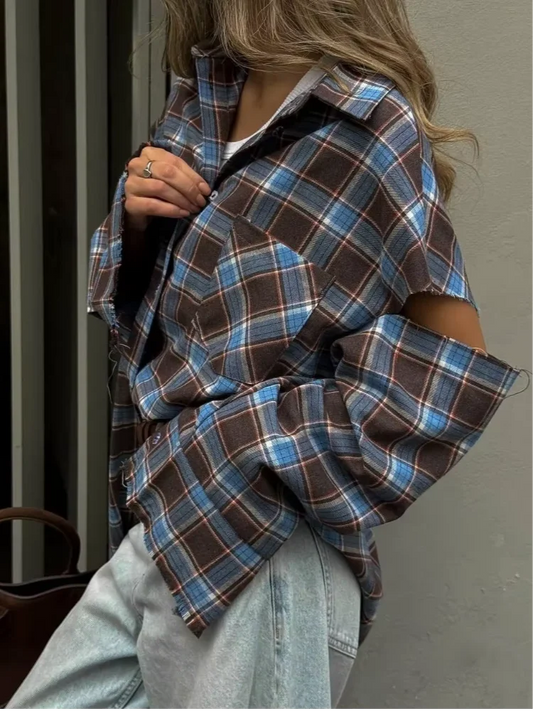 Fashion Checkered Pattern Shirts Women Elegant Lapel Long Sleeve Single Breasted Pocket Loose Top 2025 Daily Street Outerwear