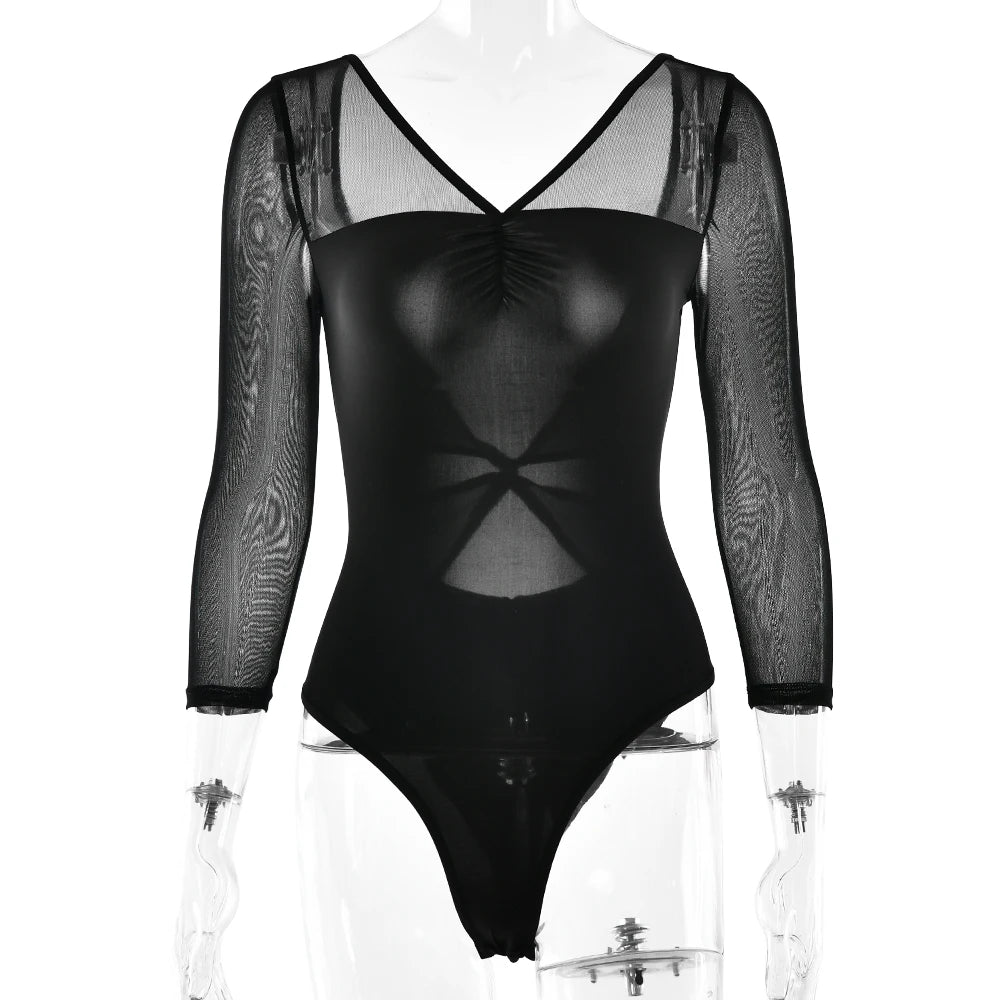 JULISSA MO Patchwork Sexy V-neck Sheer Mesh Women Bodysuit White Backless Long Sleeve Bodycon Autumn Elegant Party Clubwear 2025