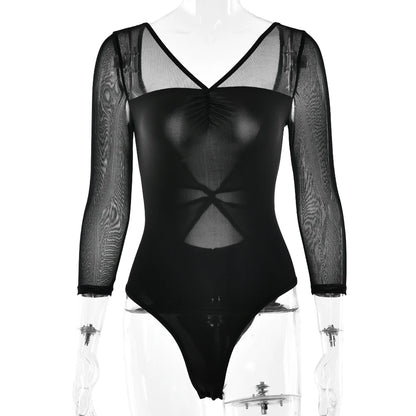 JULISSA MO Patchwork Sexy V-neck Sheer Mesh Women Bodysuit White Backless Long Sleeve Bodycon Autumn Elegant Party Clubwear 2025