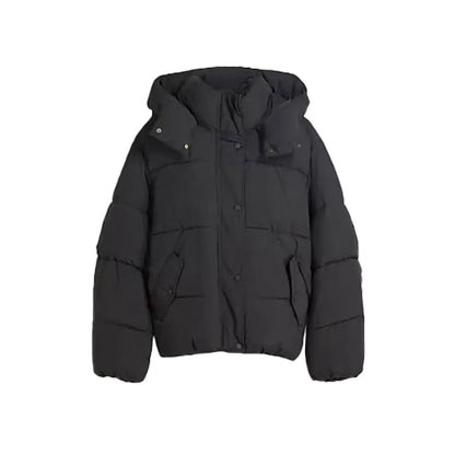 Black puffer jacket on a white background
