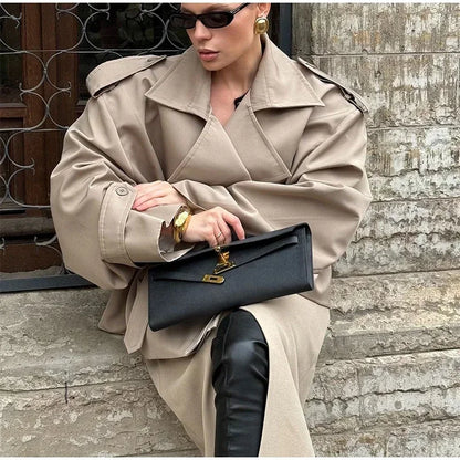 Solid Belted Oversized Windbreaker Women's Fashion Full Sleeve Button Loose Long Coat 2025 Office Lady Daily Commute Overcoats