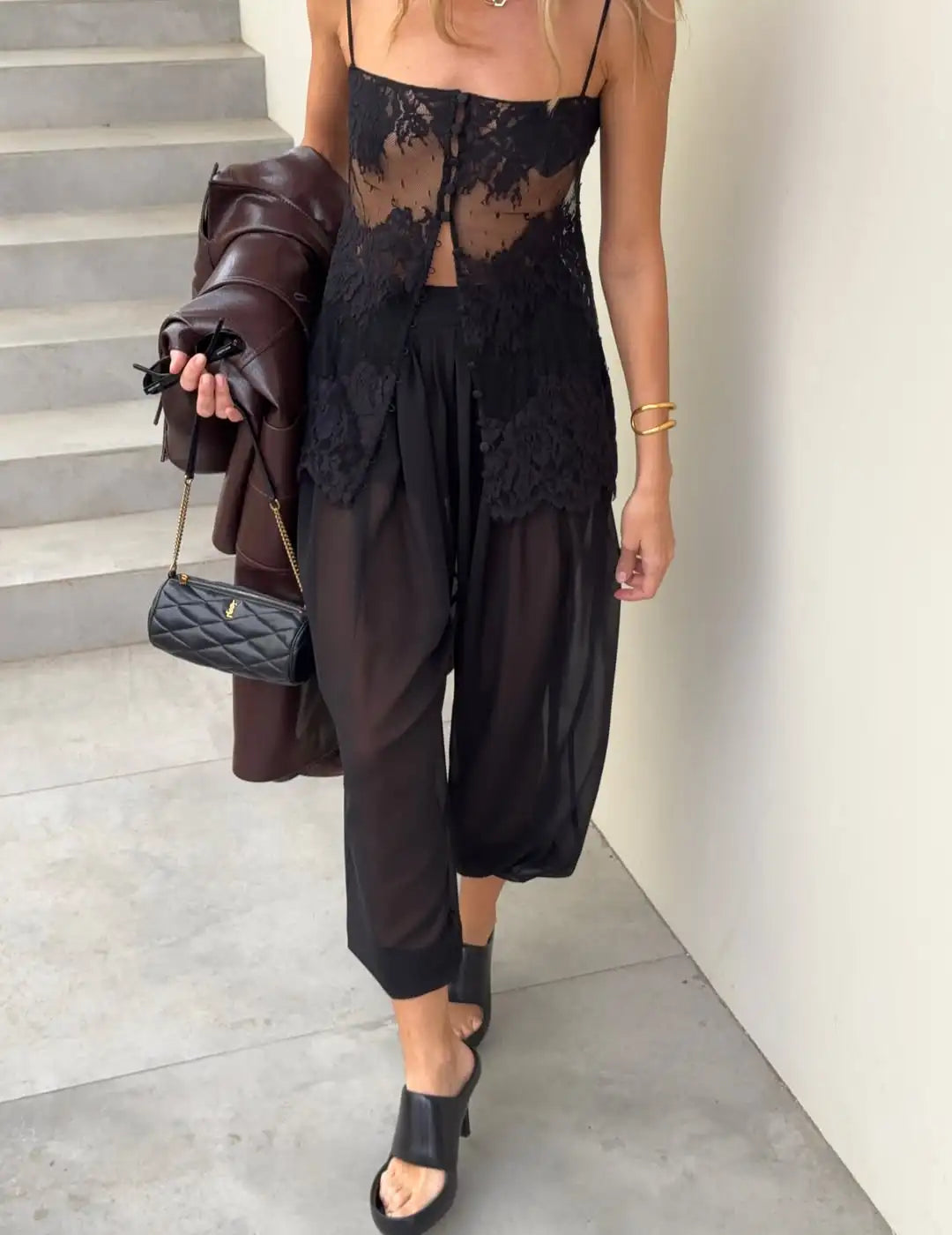 Lady Lace Patchwork Sling Top Sexy Sleeveless Off-shoulder Single Breasted See Through Blouse Women Chic Vacation Party Tops