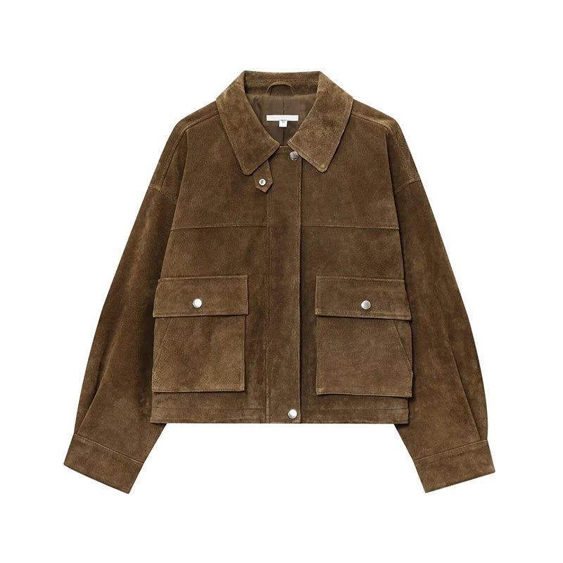 YENKYE Women Front Patch Pockets Faux Leather Bomber Jacket Long Sleeve Zipper Autumn Winter Coat 2025 Loose Outerwear