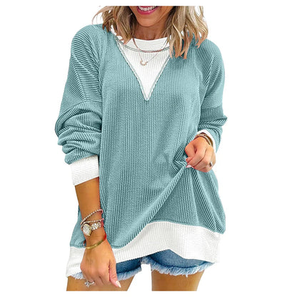 Autumn Winter O Neck Long Sleeve Sweatshirt Women Casual Patchwork Color Pullover Shirt Women Fashion BLouses