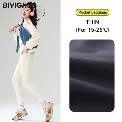 BIVIGAOS Autumn Winter Fleece Pocket Sharkskin Leggings Women High Waist Tight-Fit Velvet Thickened Warm Sports Running Leggings