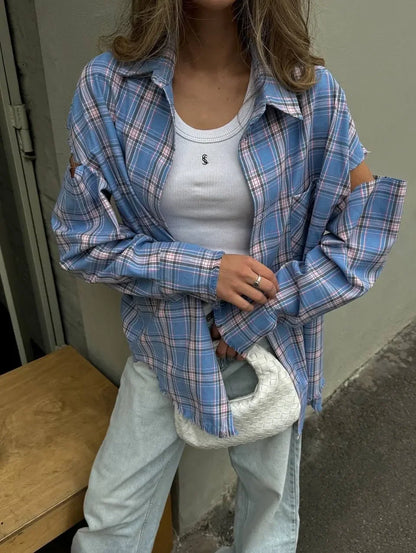 Fashion Checkered Pattern Shirts Women Elegant Lapel Long Sleeve Single Breasted Pocket Loose Top 2025 Daily Street Outerwear