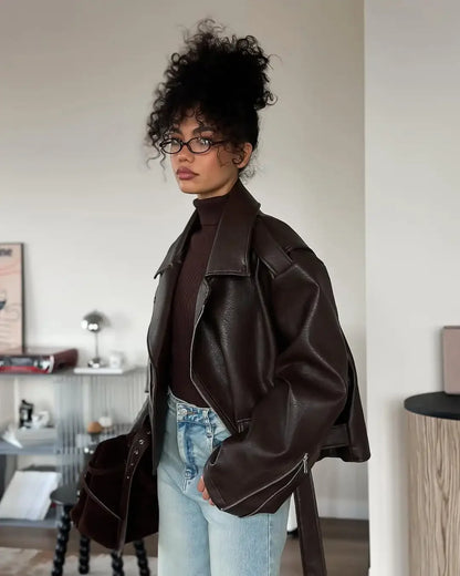 Casual Dark Red  Zipper Leather Short Jackets Women Long Sleeve Lace Up Lapel Loose Button Coat Lady Daily High Street Wear 2025