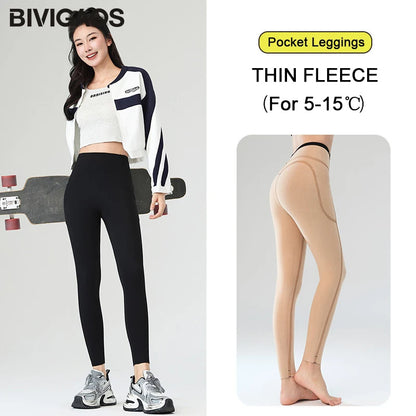 BIVIGAOS Autumn Winter Fleece Pocket Sharkskin Leggings Women High Waist Tight-Fit Velvet Thickened Warm Sports Running Leggings