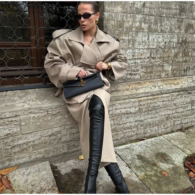 Solid Lapel Lace Up Jacket Elegant Chic Full Sleeve Button Loose Long Coat For Women 2025 New Office Lady Daily Commute Overcoat