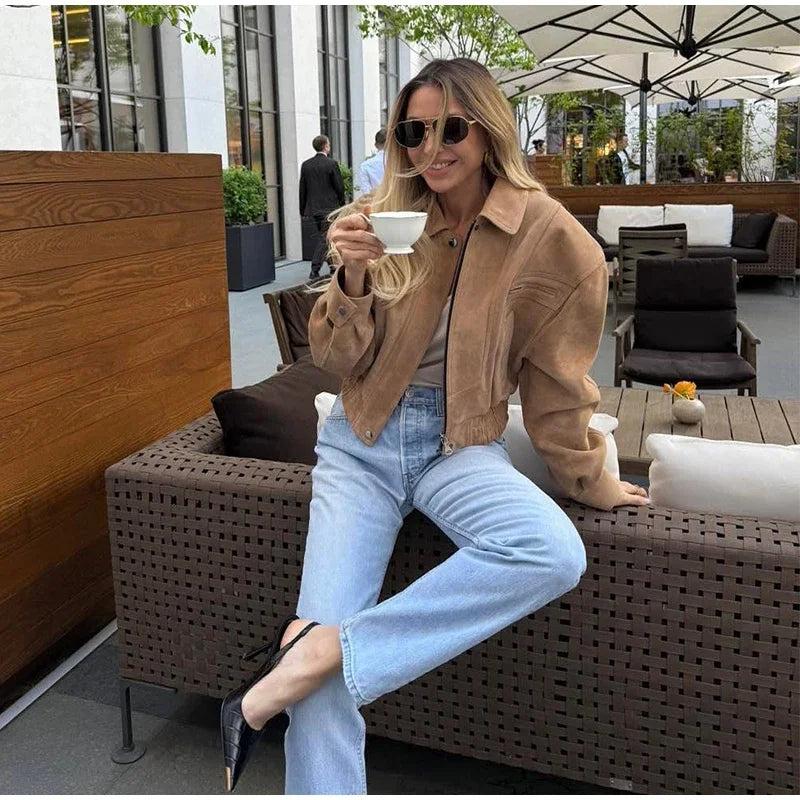 Solid Suede Zipper Short Jacket Women's Retro Full Sleeve Lapel Collar Pocket Elastic Waist Loose Overcoat Lady High Streetwear