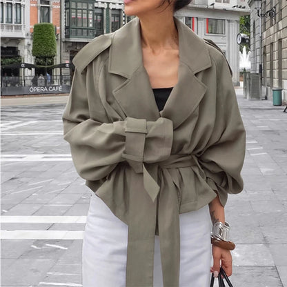 Solid Belted Oversized Windbreaker Women's Fashion Full Sleeve Button Loose Long Coat 2025 Office Lady Daily Commute Overcoats