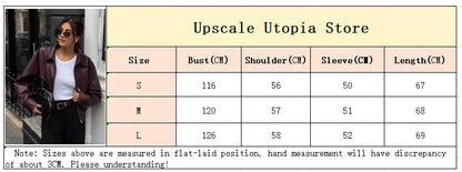 Casual Dark Red  Zipper Leather Short Jackets Women Long Sleeve Lace Up Lapel Loose Button Coat Lady Daily High Street Wear 2025