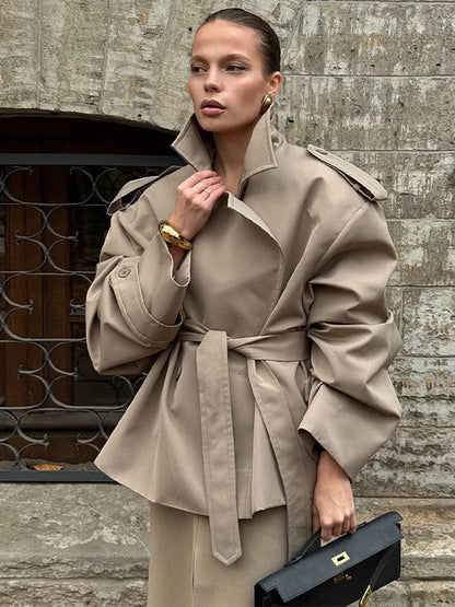 Solid Belted Oversized Windbreaker Women's Fashion Full Sleeve Button Loose Long Coat 2025 Office Lady Daily Commute Overcoats