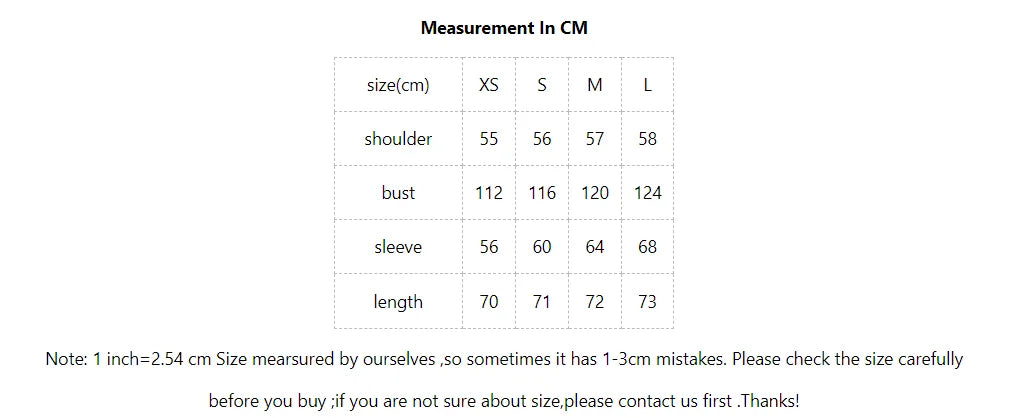 Measurement chart in centimeters for clothing sizes XS, S, M, L.