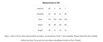 Measurement chart in centimeters for clothing sizes XS, S, M, L.