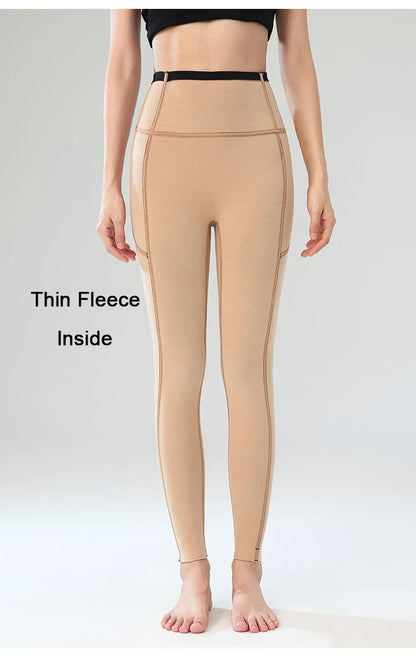 BIVIGAOS Autumn Winter Fleece Pocket Sharkskin Leggings Women High Waist Tight-Fit Velvet Thickened Warm Sports Running Leggings